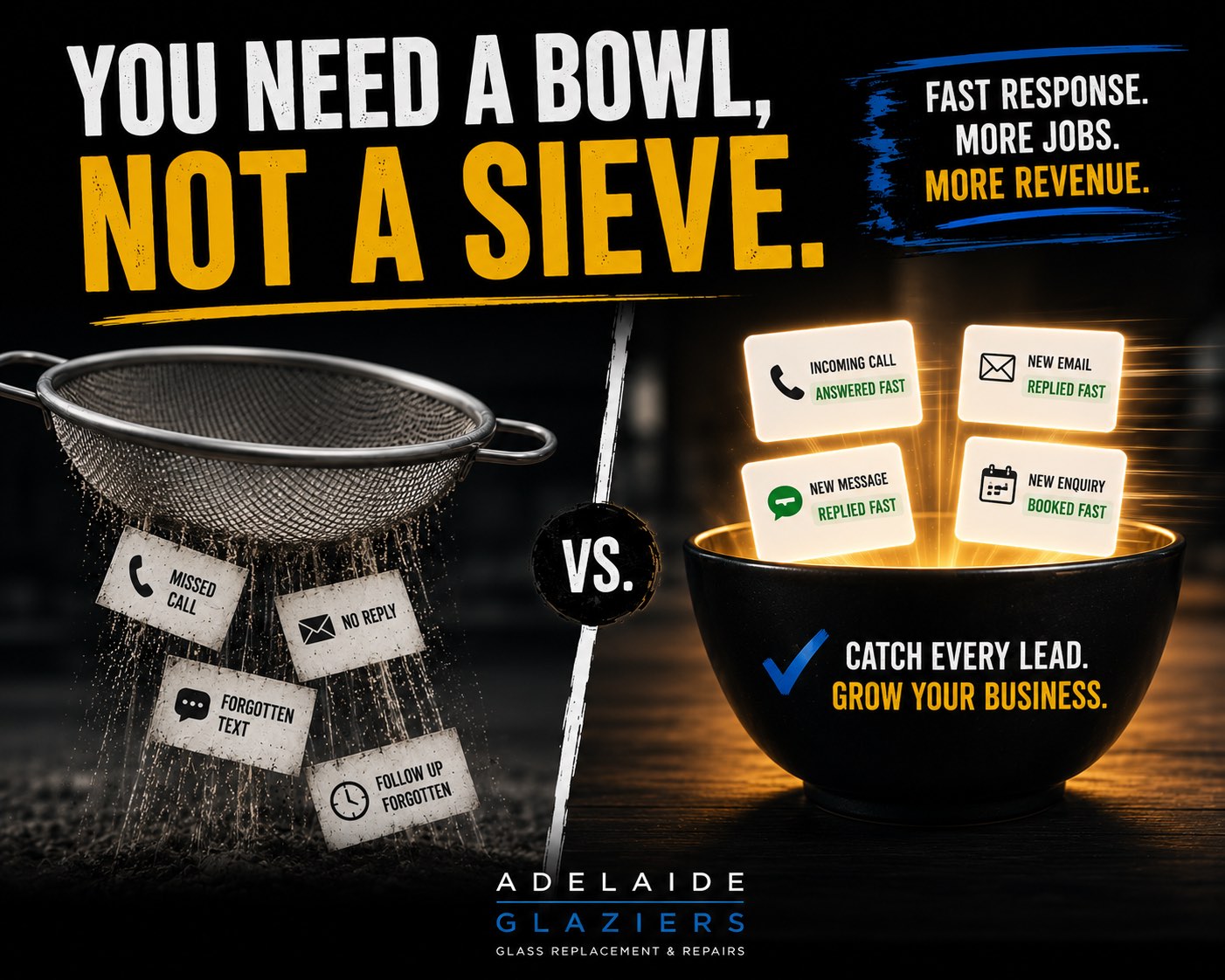 Fast response trade business system by Adelaide Glaziers showing leads leaking through a sieve versus capturing customer enquiries quickly