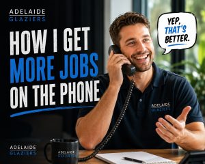 Adelaide Glaziers employee on phone showing energy and engagement with customer, demonstrating how positive tone helps secure more jobs