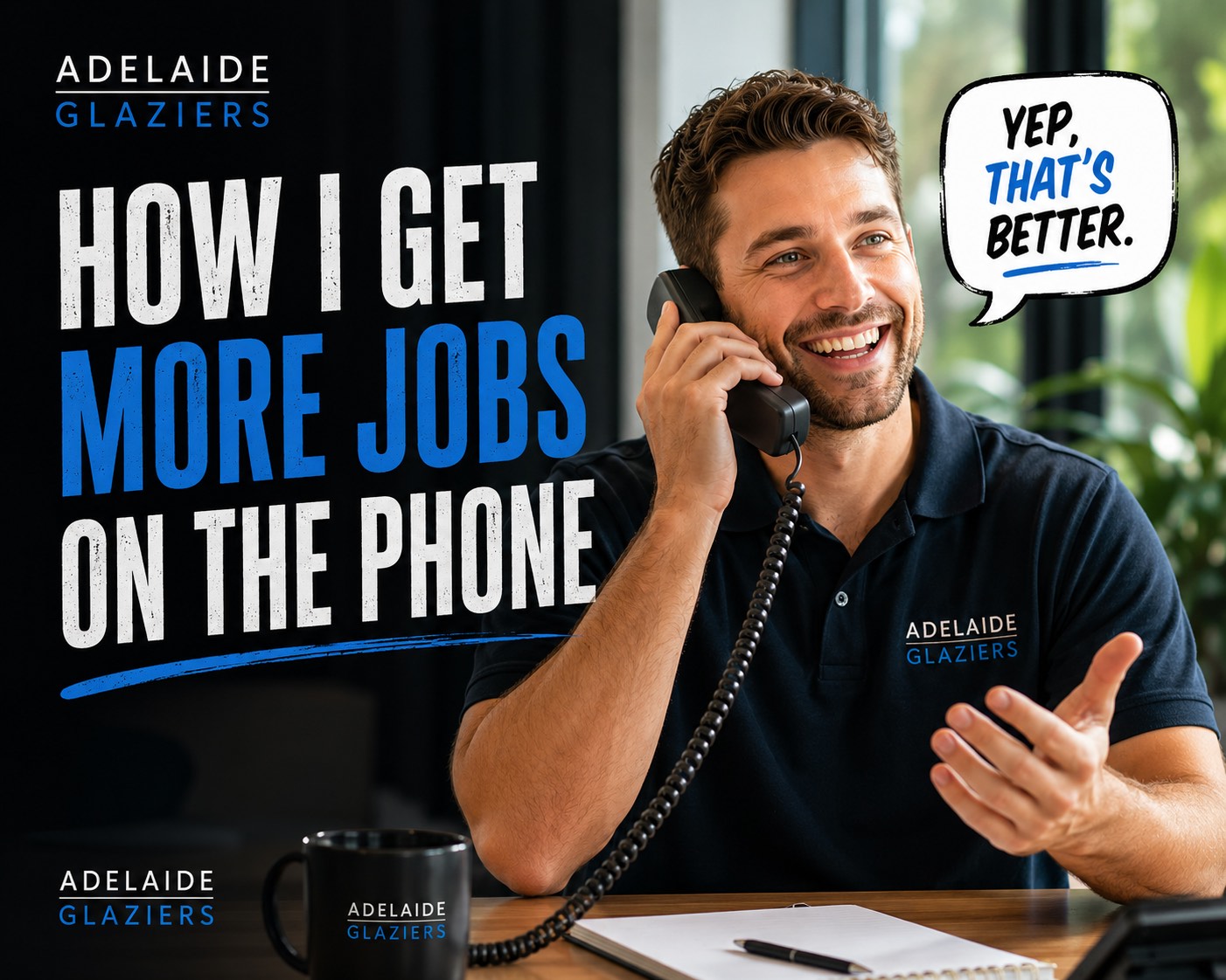 Adelaide Glaziers employee on phone showing energy and engagement with customer, demonstrating how positive tone helps secure more jobs