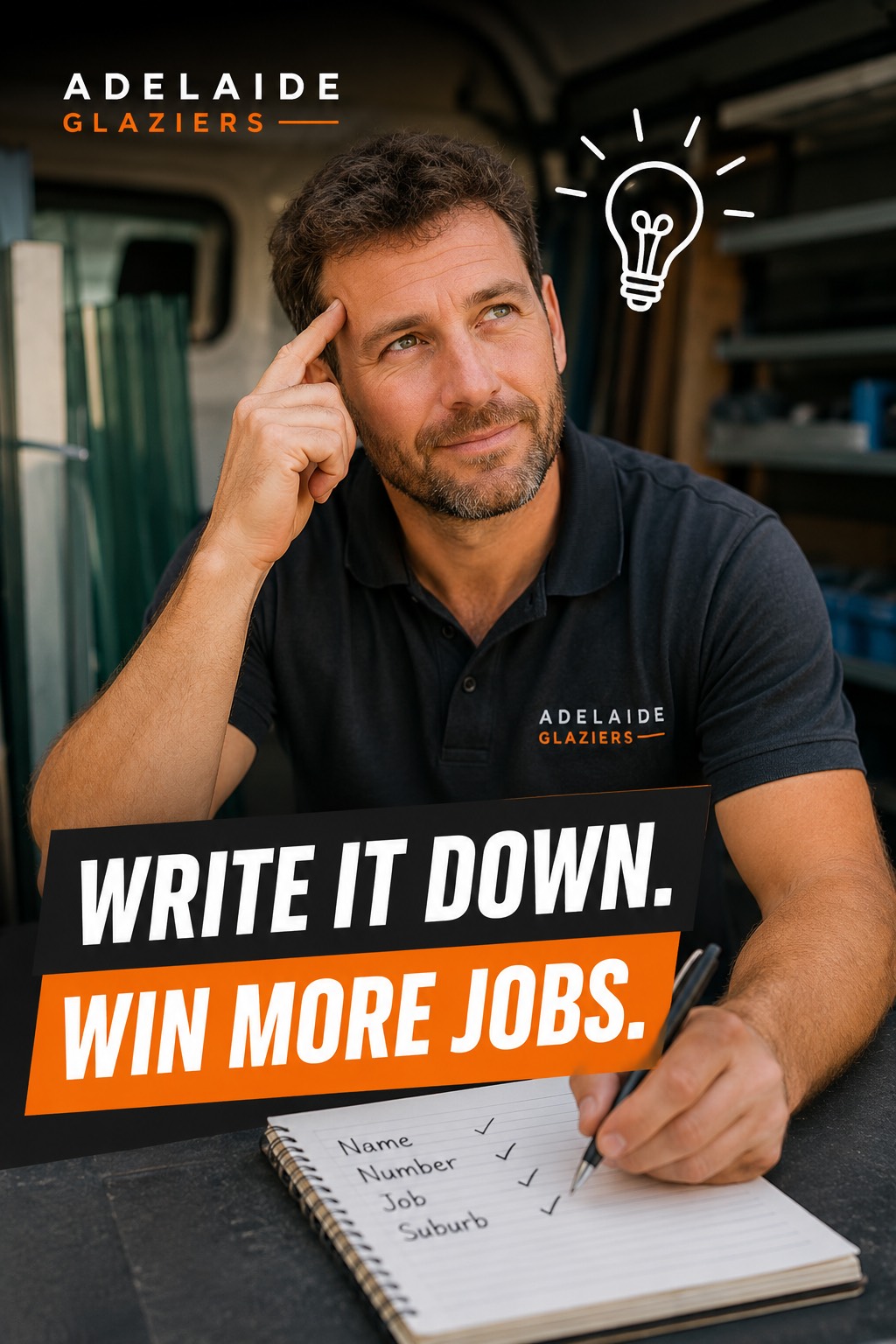 Adelaide Glaziers article cover showing a glazier writing customer job details in a notebook with the words “Write It Down. Win More Jobs.”