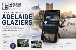 The History of Adelaide Glaziers - timeline showing the brand's early domain registration in 2017 and commercial launch in 2022
