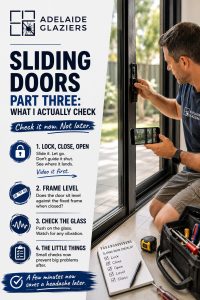 Check the sliding door wheels, lock, level, and everything else before starting the glazing job. By Adelaide Glaziers