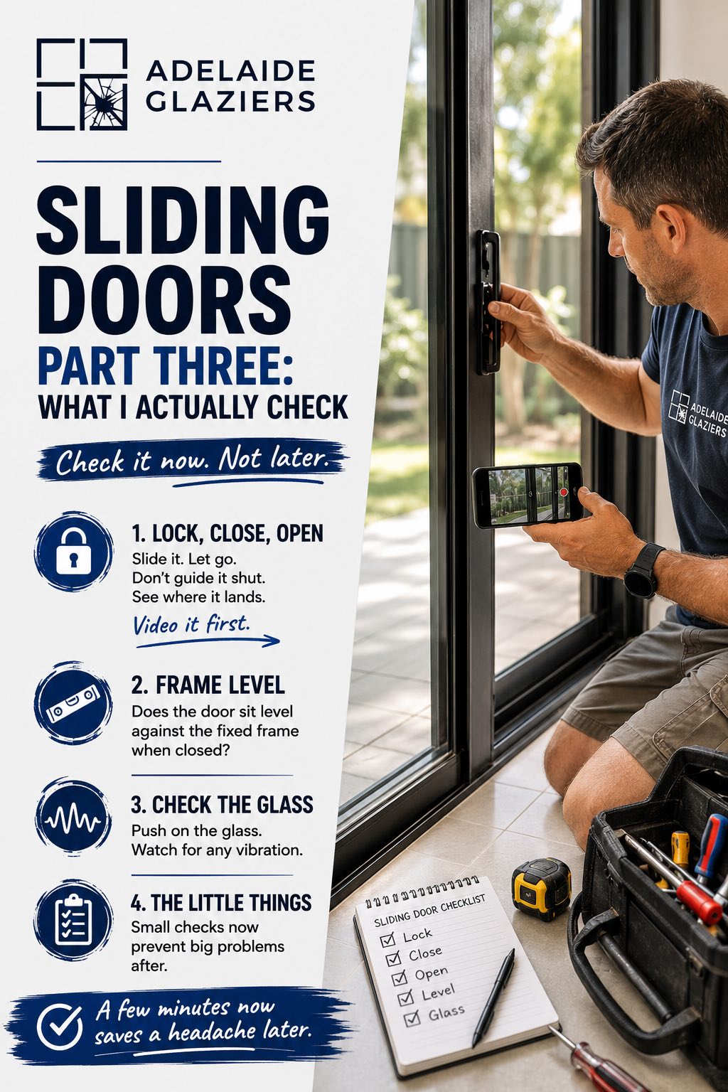 Check the sliding door wheels, lock, level, and everything else before starting the glazing job. By Adelaide Glaziers
