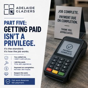 Payment is due at the time of completion or Adelaide Glaziers doesn't do the job