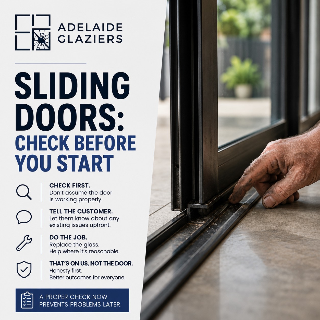 Glass Sliding door repairs processes by Adelaide Glaziers