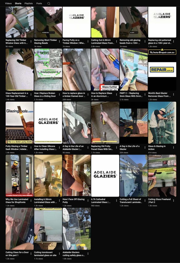 Adelaide Glaziers YouTube Shorts showing glazing, glass replacement and window repair videos.