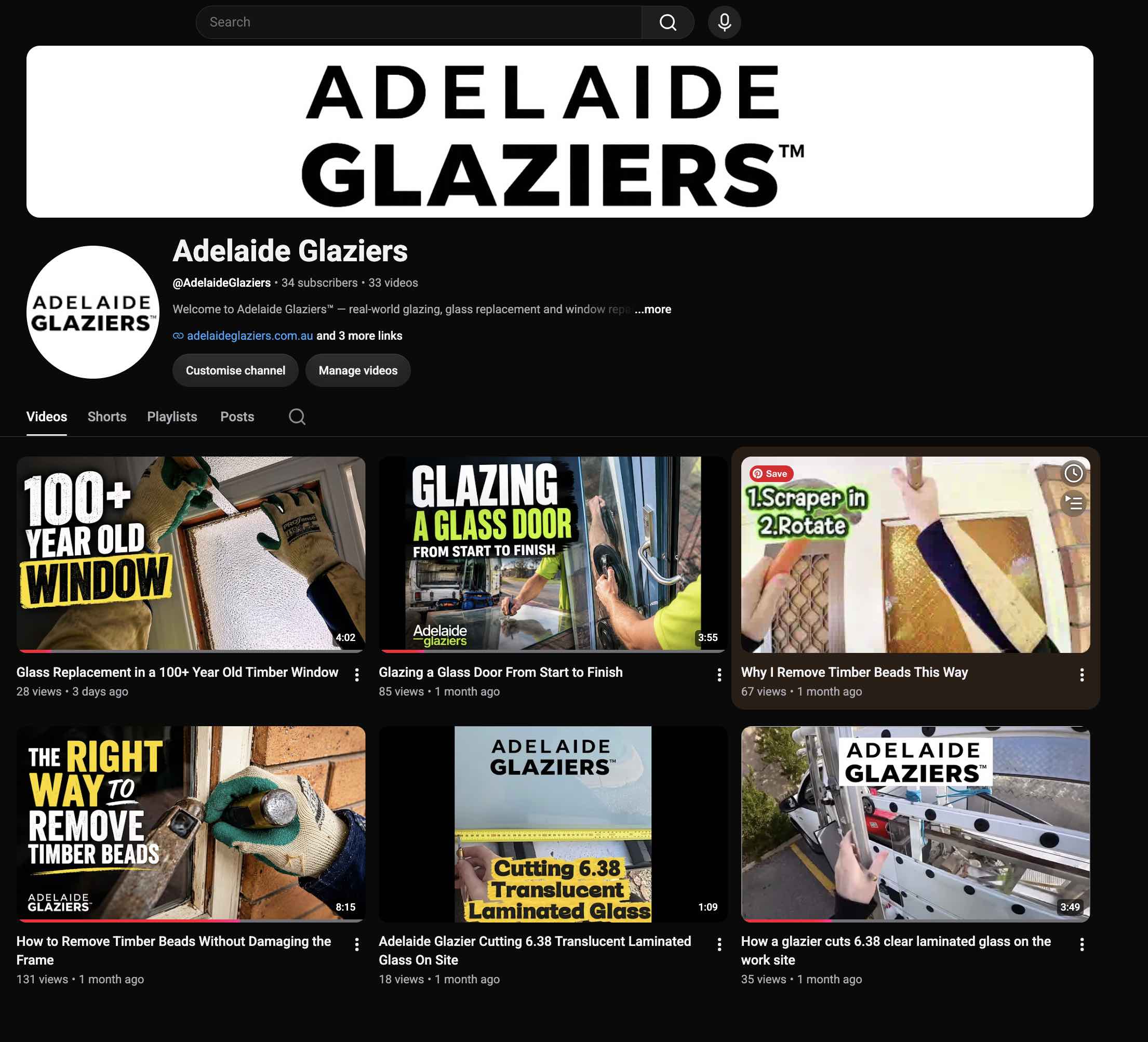 Adelaide Glaziers YouTube channel featuring glazing, glass replacement and window repair videos